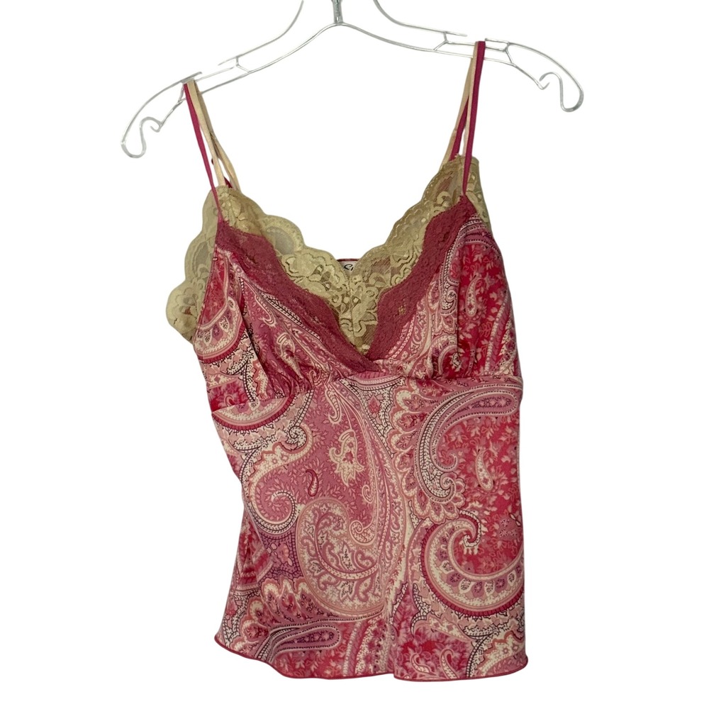 Vintage Peep Studio Cami Pink Paisley Lace Trim Layered Tank Top - Small